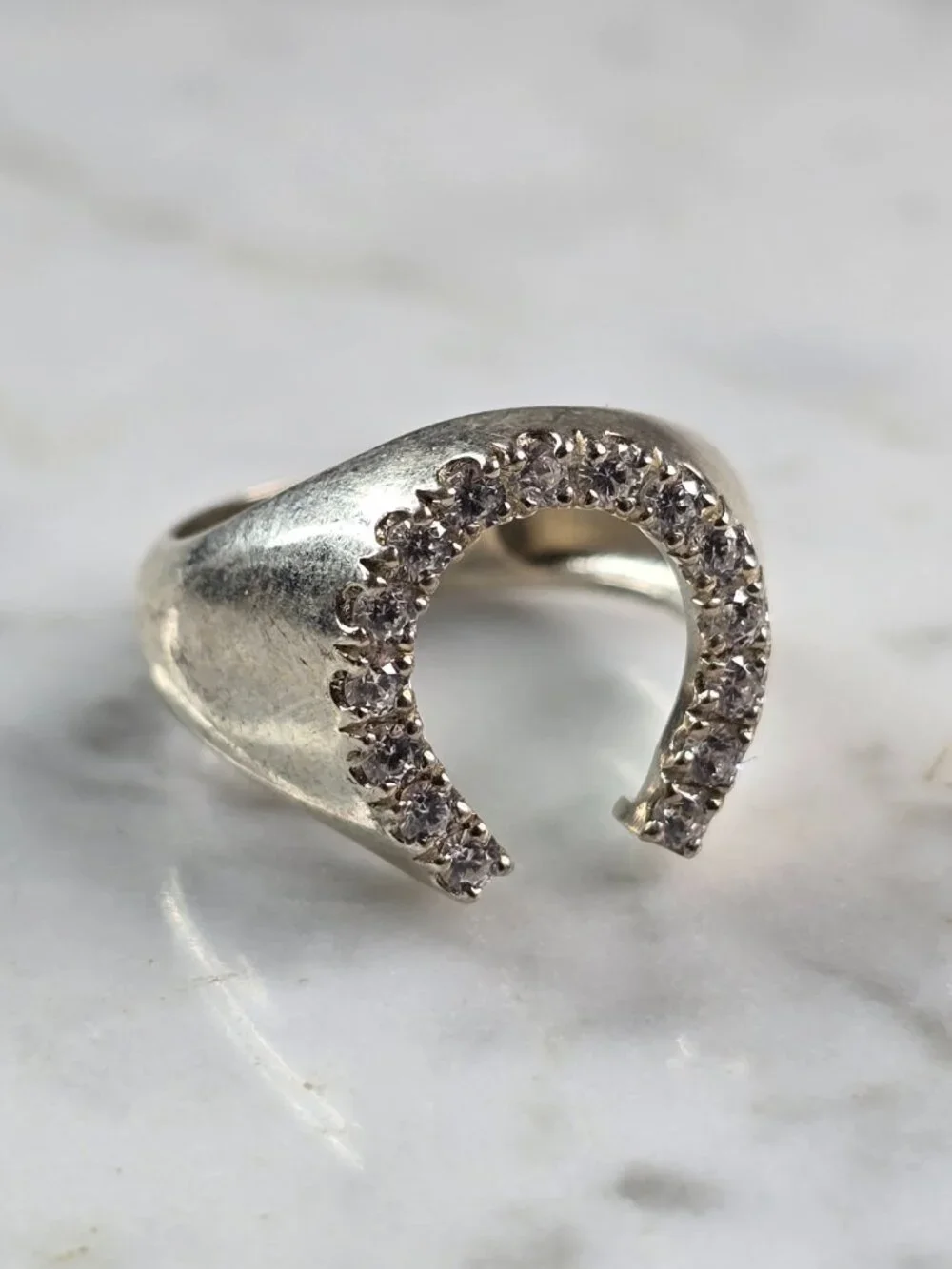 Mens Vintage Estate Sterling Silver CZ Horseshoe Ring 4.8g E4174